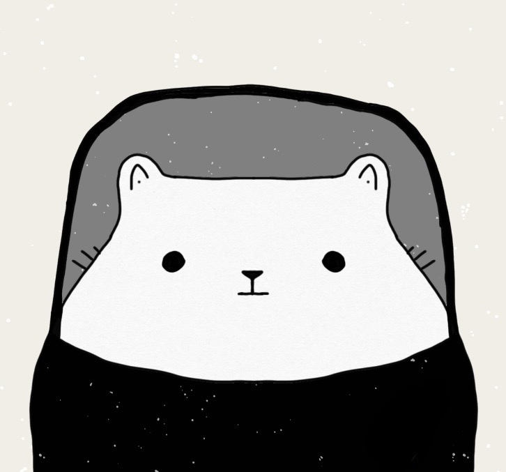 A round white cat in a black hoodie, drawn with simple black lines on a cream background.