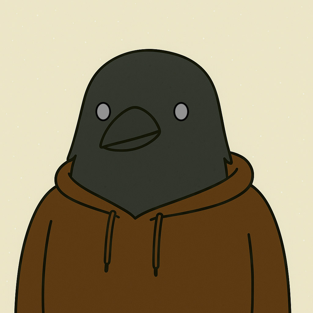 A dark grey crow in a brown hoodie, drawn in the same simple line style on a cream background.