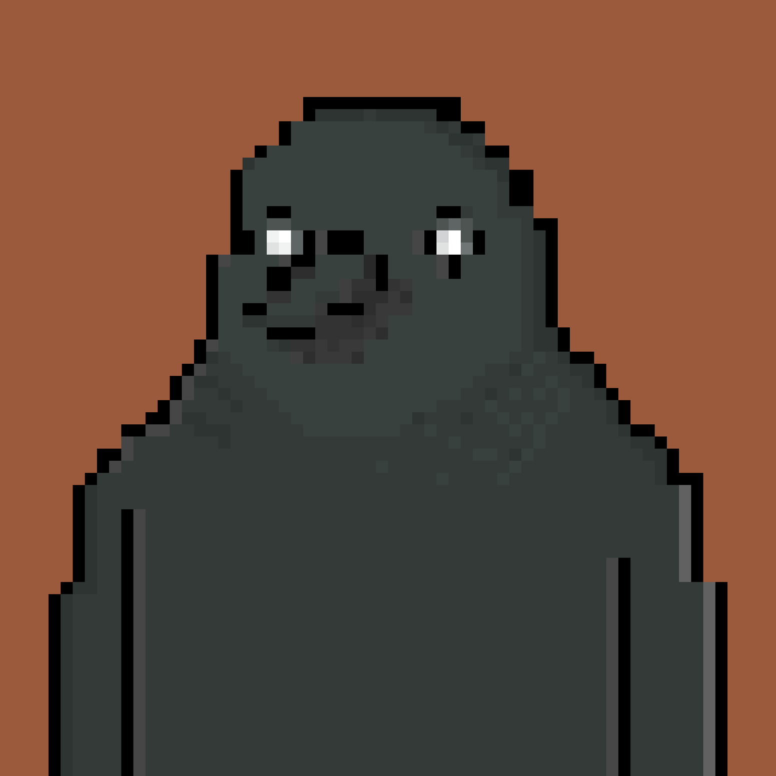 Pixel art of a dark grey crow on a brown background, no clothes.