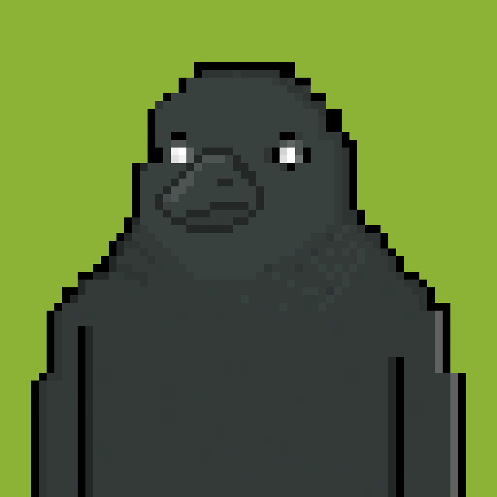The Nevermore body: a black pixel raven with white eyes on a green background, no hat and no clothes.