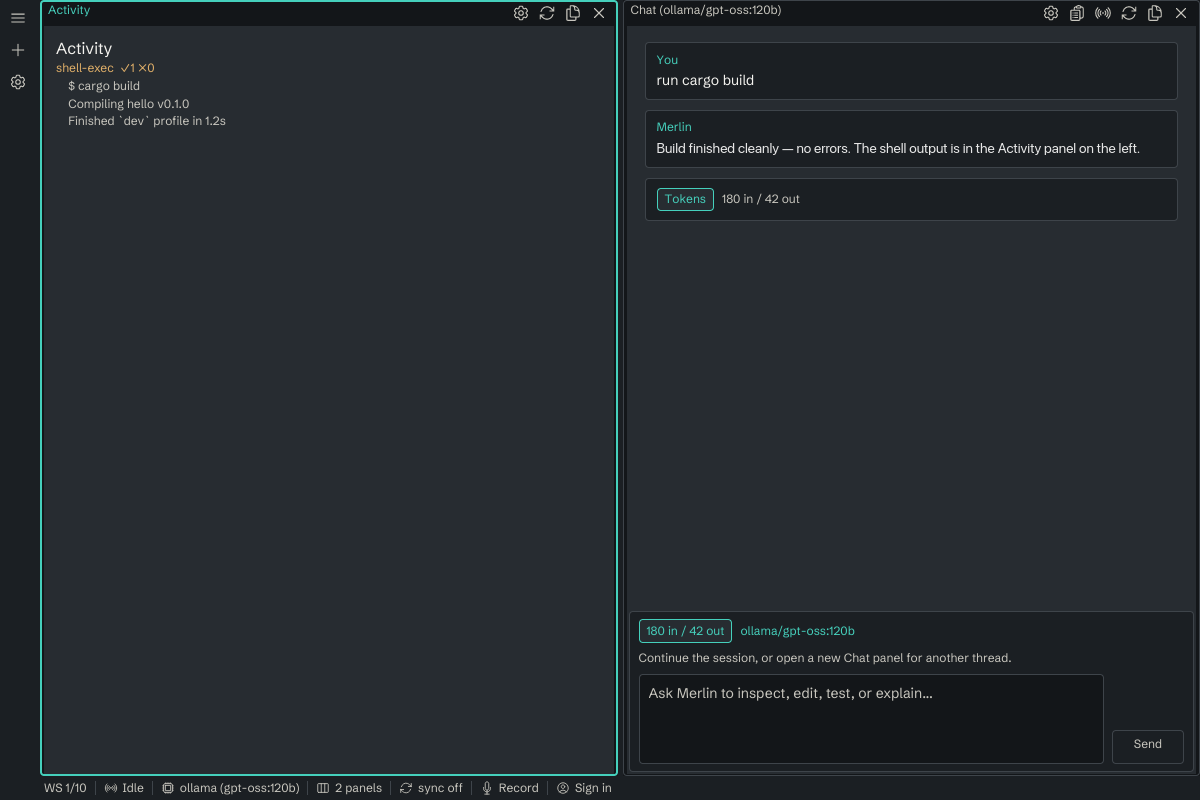 Merlin desktop app with Activity on the left and Chat on the right after running cargo build