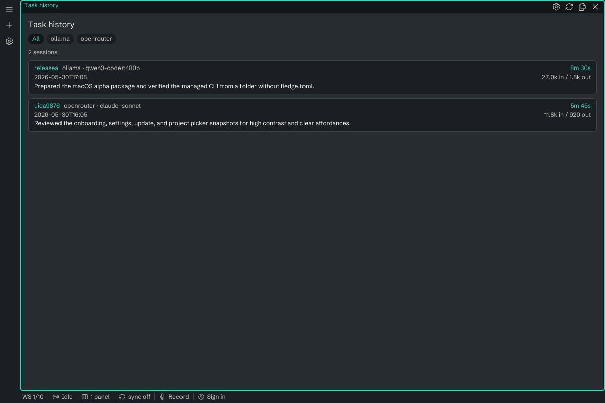 Merlin task history: past sessions with provider, model, duration, and token counts