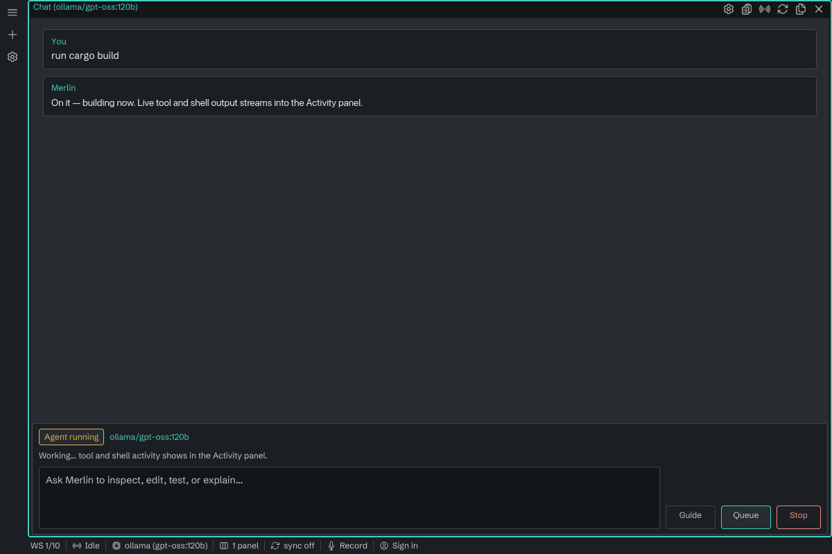Merlin running a tool: agent-running state with live shell output and a Stop control