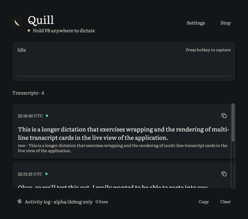 Quill live view with a list of past transcripts