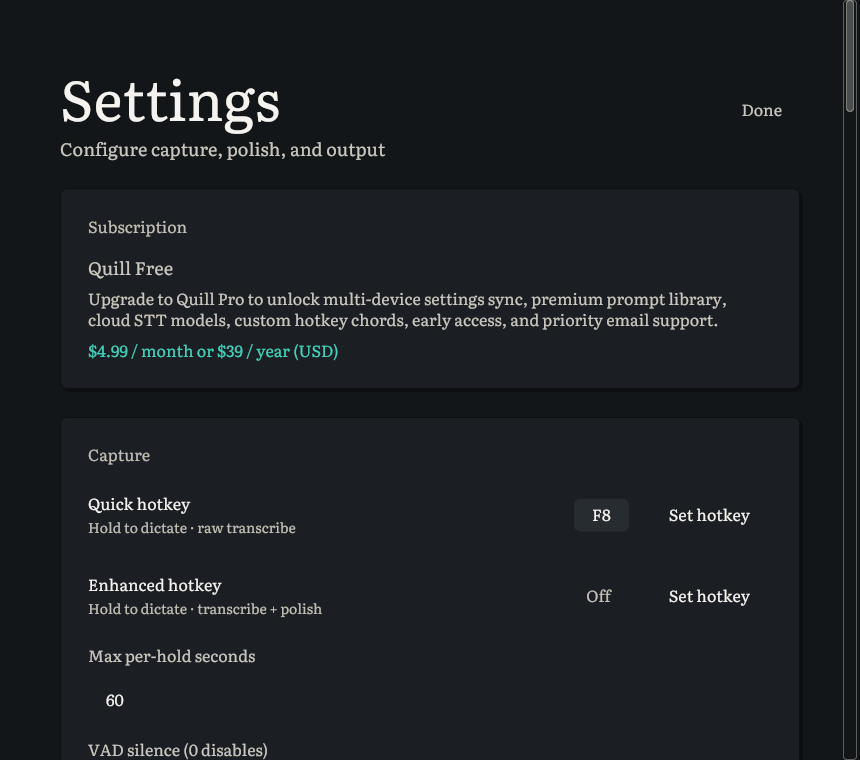 Quill settings panel showing capture, polish, and output configuration