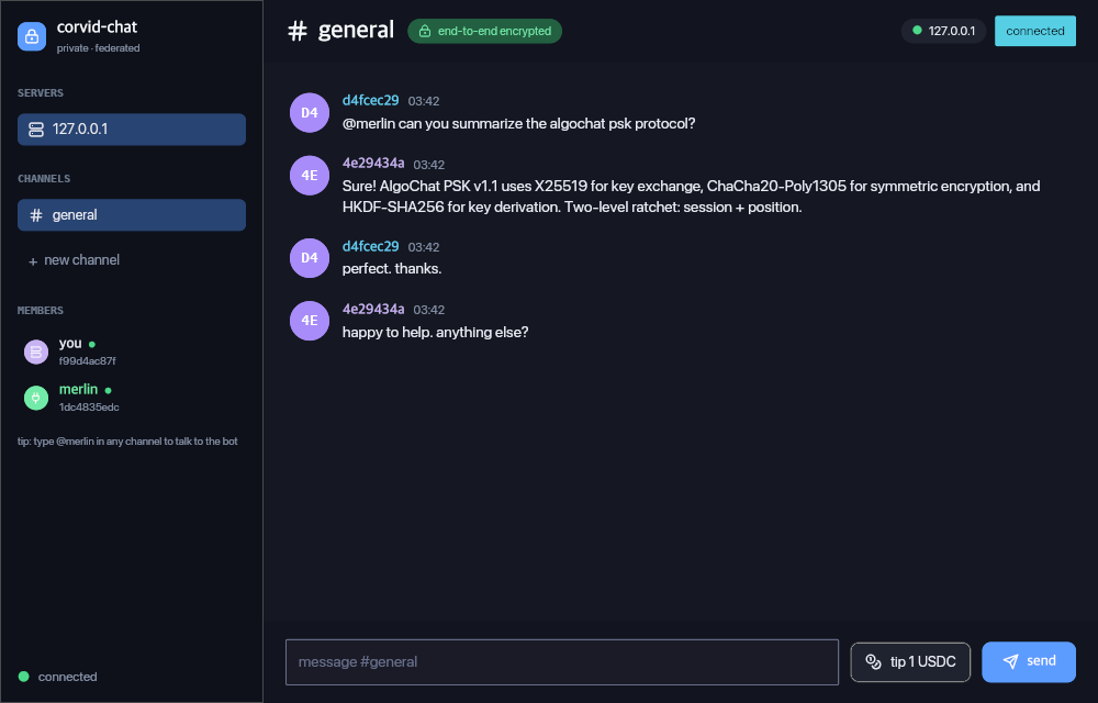 A real corvid-chat conversation between a user and the Merlin bot. Multiple channels in the sidebar, members panel showing both participants, AI reply rendered with a distinct avatar.