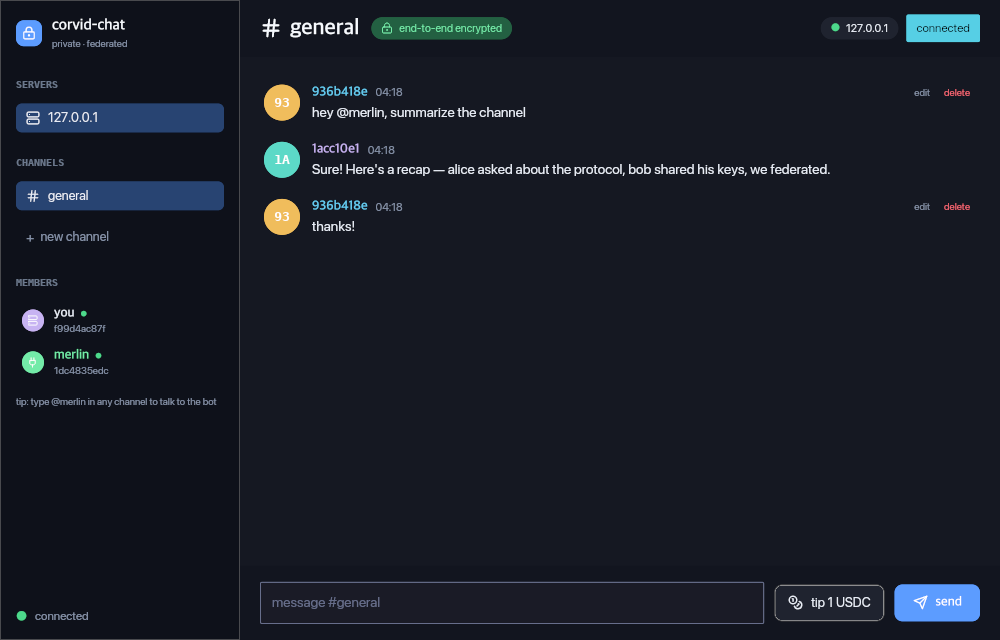 Edit + delete actions on own messages, with the conversation flow intact.
