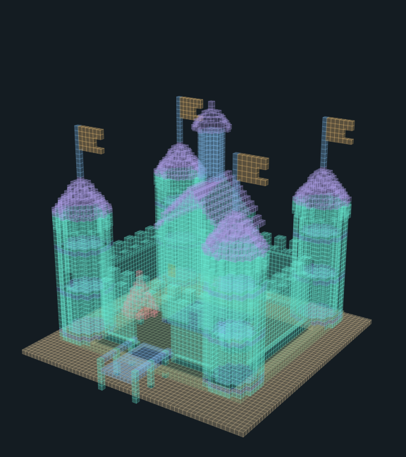Translucent voxel castle with four towers, purple roofs, and yellow flags on a gridded base.