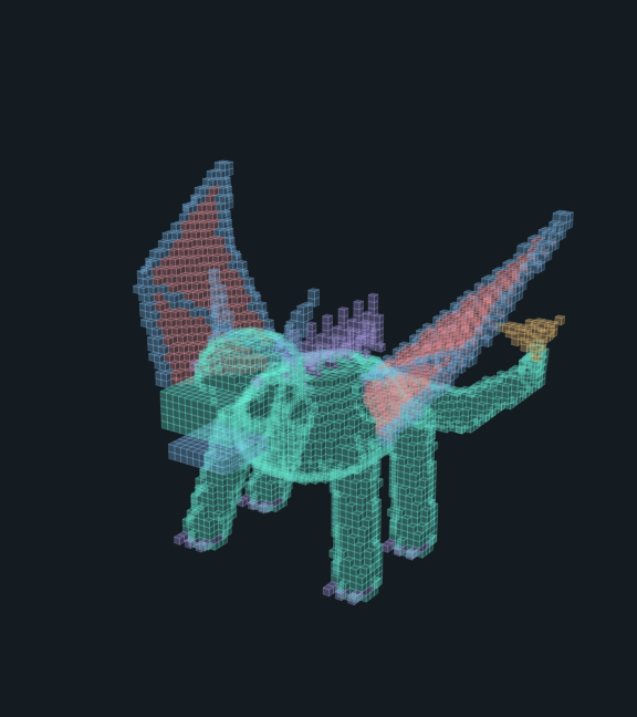 Translucent voxel dragon with spread wings, pink wing membranes, and a yellow tip on the raised wing.