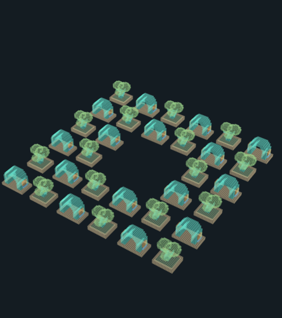 A square courtyard of repeated arch models and trees, with an open center.