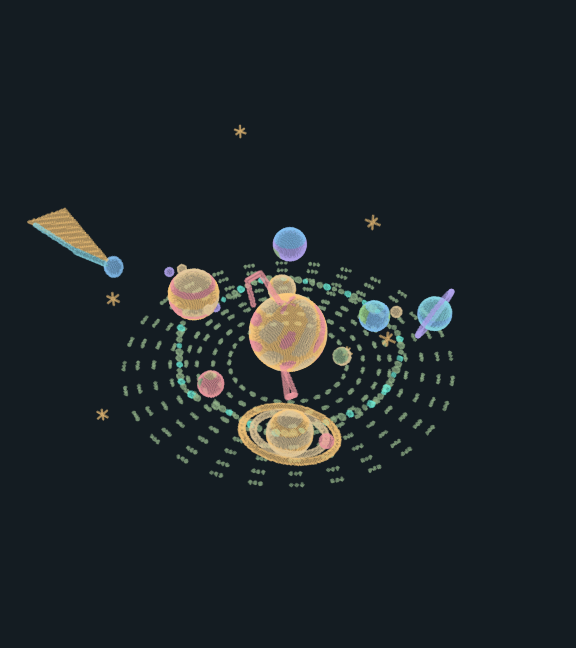 Voxel solar system: a bright center, ringed planets, dotted orbits, and small star marks on a dark field.