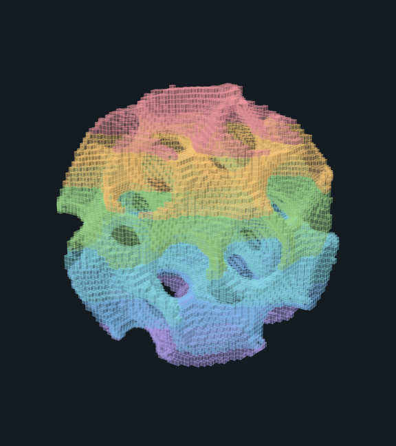 A gyroid shell of translucent voxels, banded pink, yellow, green, and blue.