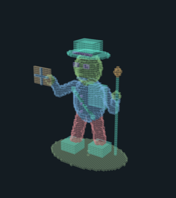 Translucent voxel figure in a wide hat and coat, holding a book and a staff, standing on two blocks.